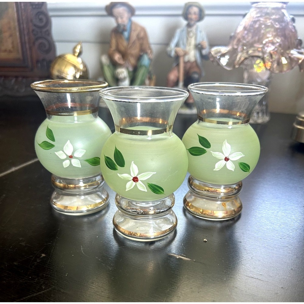 Bartlett Collins Green Frosted Bud Vases Set 3 Hand Painted Floral Vintage